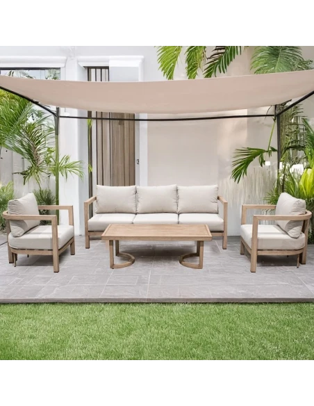 Camacho - Set Salotto da Giardino Curvi con Divano a 3 Posti, 2 Poltrone e Tavolino - Alluminio Effetto Legno | Beige