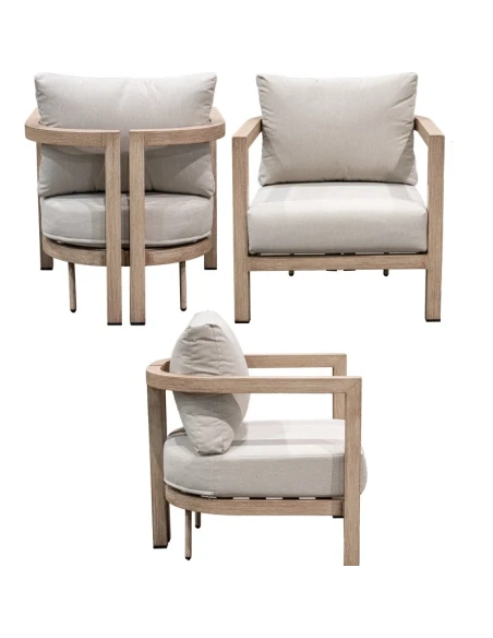 Camacho - Set Salotto da Giardino Curvi con Divano a 3 Posti, 2 Poltrone e Tavolino - Alluminio Effetto Legno | Beige