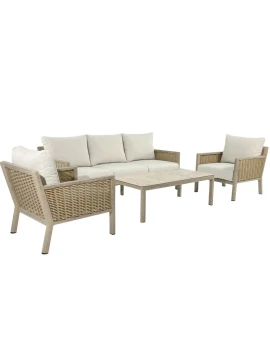 Camacho - Set Salotto da Giardino con Divano a 3 Posti, 2 Poltrone e Tavolino - Alluminio Effetto Legno e Rattan | Beige