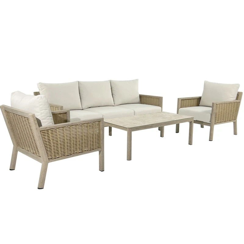 Camacho - Set Salotto da Giardino con Divano a 3 Posti, 2 Poltrone e Tavolino - Alluminio Effetto Legno e Rattan | Beige