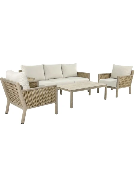 Camacho - Set Salotto da Giardino con Divano a 3 Posti, 2 Poltrone e Tavolino - Alluminio Effetto Legno e Rattan | Beige