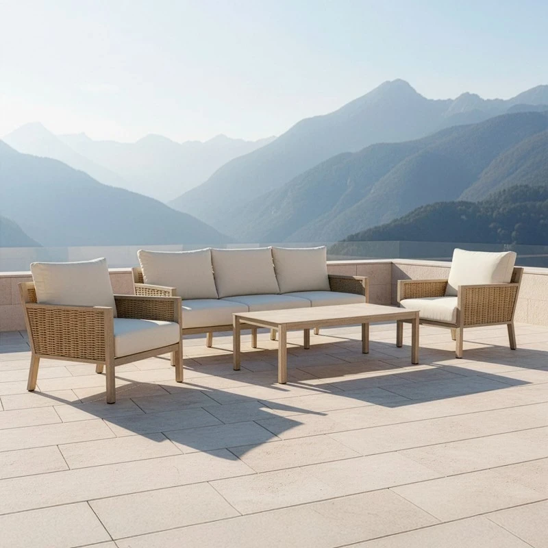 Camacho - Set Salotto da Giardino con Divano a 3 Posti, 2 Poltrone e Tavolino - Alluminio Effetto Legno e Rattan | Beige