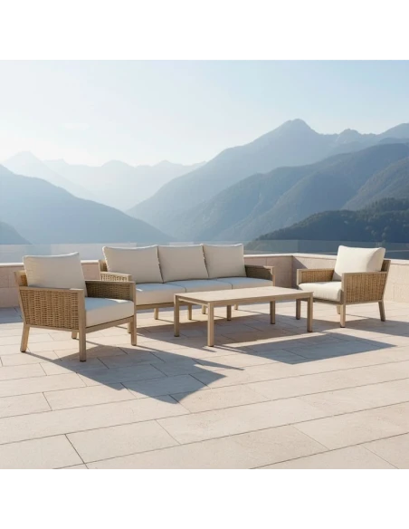 Camacho - Set Salotto da Giardino con Divano a 3 Posti, 2 Poltrone e Tavolino - Alluminio Effetto Legno e Rattan | Beige