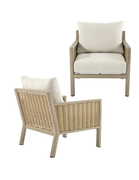 Camacho - Set Salotto da Giardino con Divano a 3 Posti, 2 Poltrone e Tavolino - Alluminio Effetto Legno e Rattan | Beige