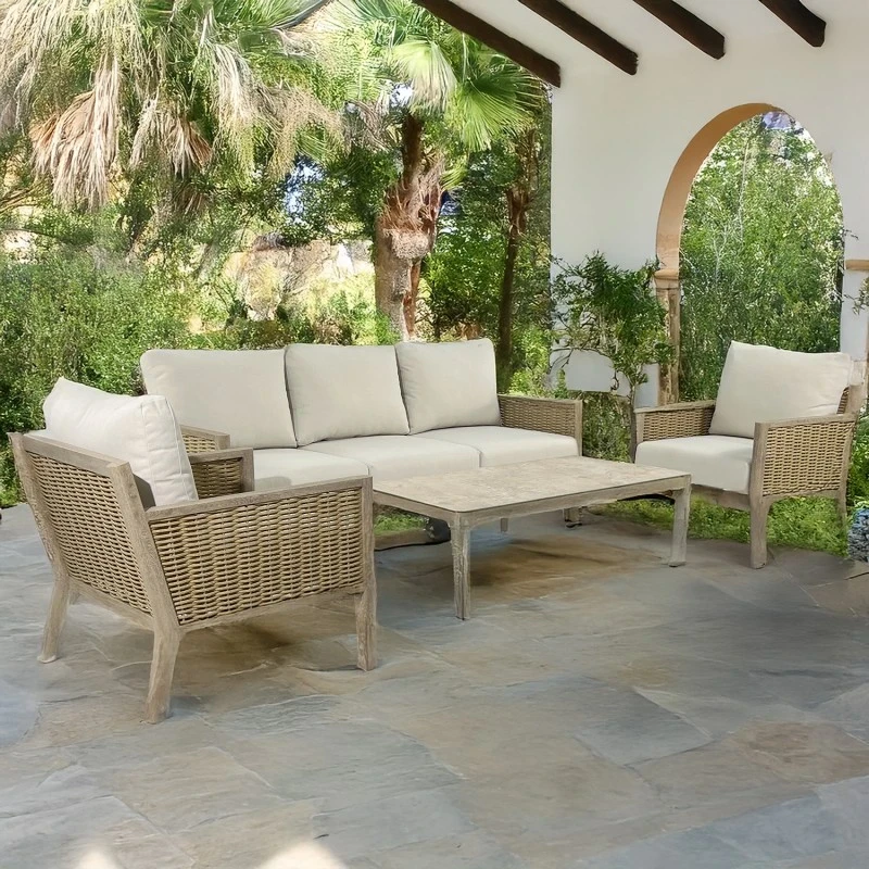 Camacho - Garden Lounge Set with 3-Seater Sofa, 2 Armchairs, and Coffee Table - Wood-Effect Aluminum and Rattan | Beige
