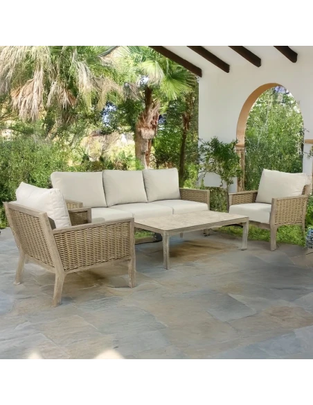 Camacho - Set Salotto da Giardino con Divano a 3 Posti, 2 Poltrone e Tavolino - Alluminio Effetto Legno e Rattan | Beige