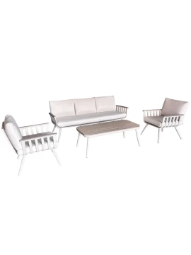 Camacho - Set Salotto da Giardino con Divano a 3 Posti, 2 Poltrone e Tavolino - Alluminio Crema | Polywood