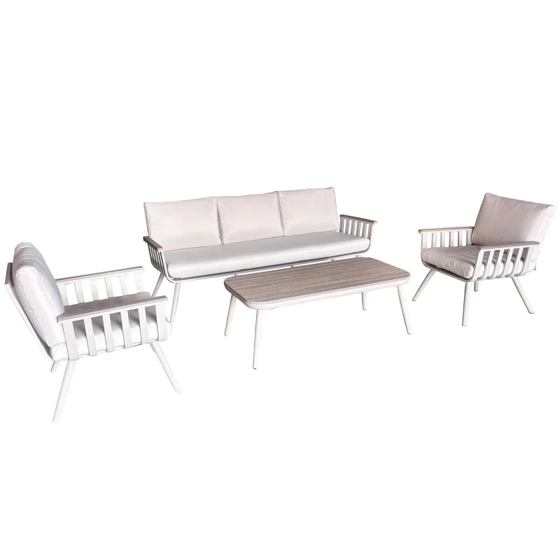 Camacho - Set Salotto da Giardino con Divano a 3 Posti, 2 Poltrone e Tavolino - Alluminio Crema | Polywood