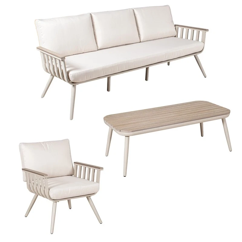Camacho - Set Salotto da Giardino con Divano a 3 Posti, 2 Poltrone e Tavolino - Alluminio Crema | Polywood
