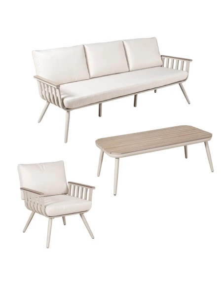 Camacho - Set Salotto da Giardino con Divano a 3 Posti, 2 Poltrone e Tavolino - Alluminio Crema | Polywood
