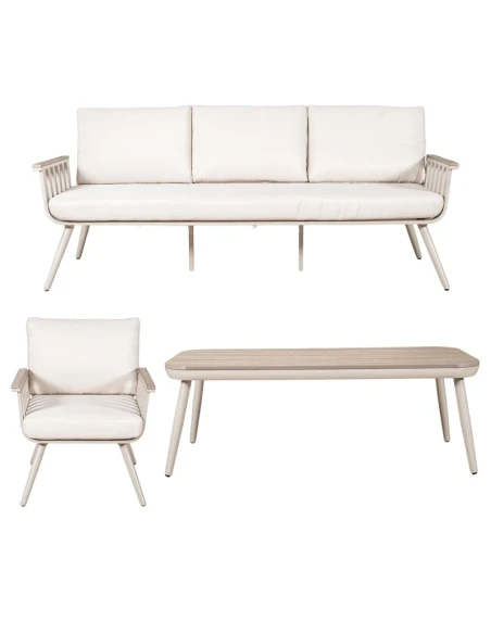 Camacho - Set Salotto da Giardino con Divano a 3 Posti, 2 Poltrone e Tavolino - Alluminio Crema | Polywood