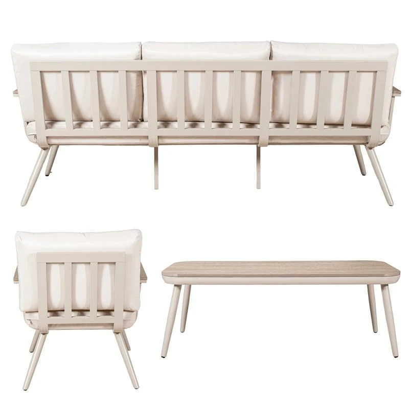 Camacho - Set Salotto da Giardino con Divano a 3 Posti, 2 Poltrone e Tavolino - Alluminio Crema | Polywood