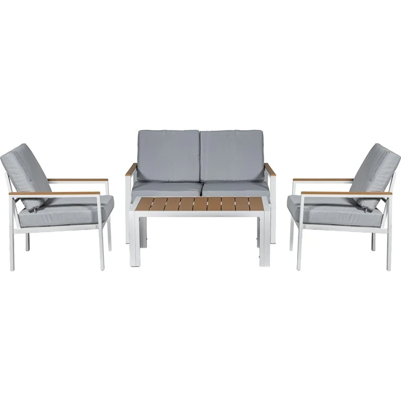 Camacho - Set Salotto da Giardino con Divano a 2 Posti, 2 Poltrone e Tavolino - Alluminio Bianco  | Grigio