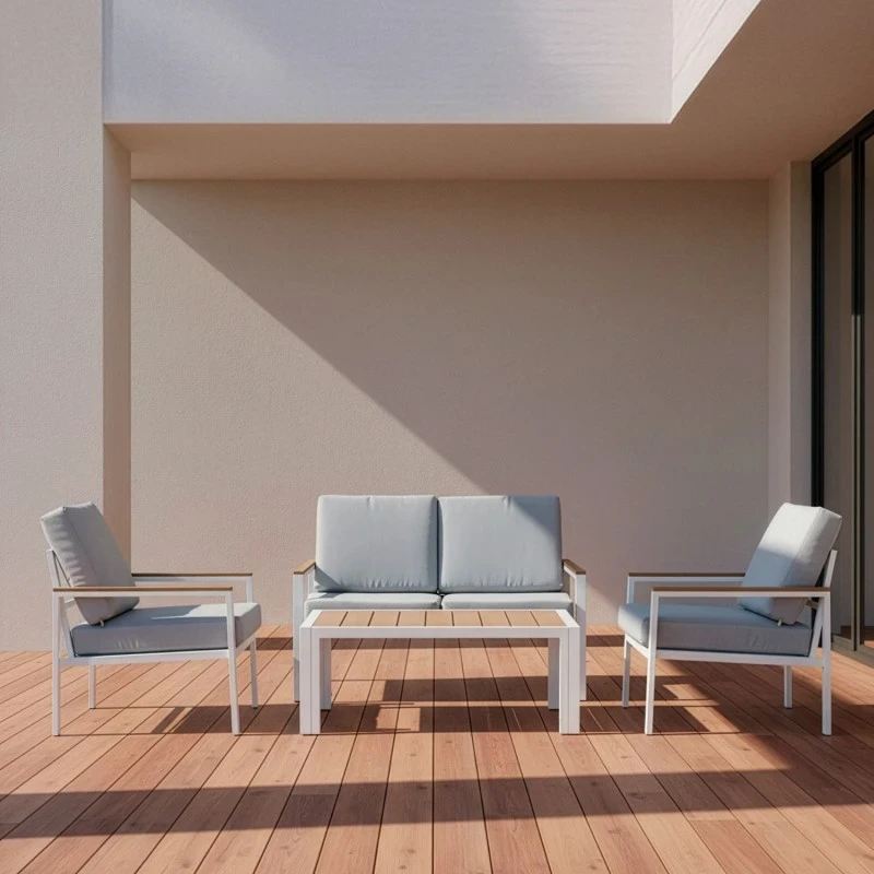 Camacho - Set Salotto da Giardino con Divano a 2 Posti, 2 Poltrone e Tavolino - Alluminio Bianco  | Grigio