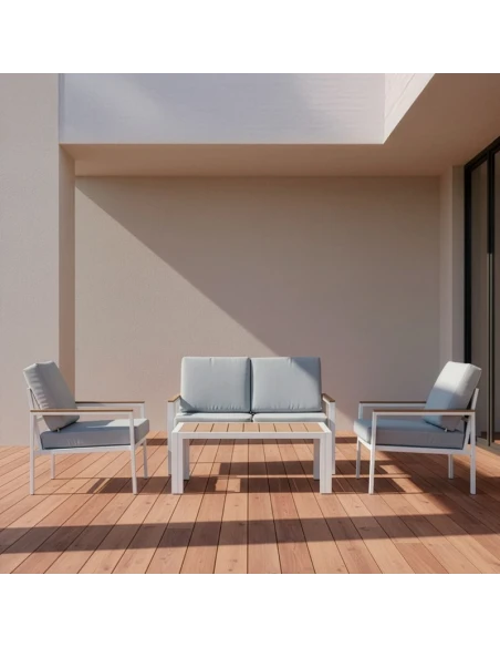 Camacho - Set Salotto da Giardino con Divano a 2 Posti, 2 Poltrone e Tavolino - Alluminio Bianco  | Grigio