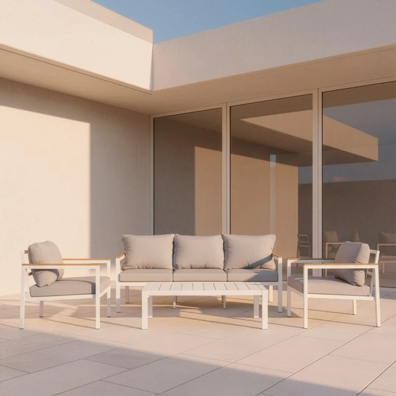 Camacho - Garden Lounge Set with 3-Seater Sofa, 2 Armchairs, and Coffee Table - White Aluminum | Grey