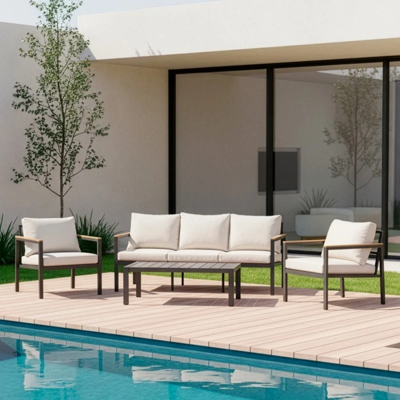 Camacho - Set Salotto da Giardino con Divano a 3 Posti, 2 Poltrone e Tavolino - Alluminio Antracite | Beige