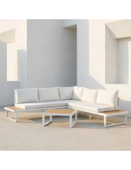 Camacho - Garden Lounge Set with Corner Sofa and Coffee Table - White Aluminum