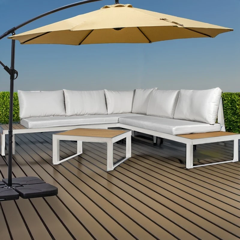 Camacho - Garden Lounge Set with Corner Sofa and Coffee Table - White Aluminum