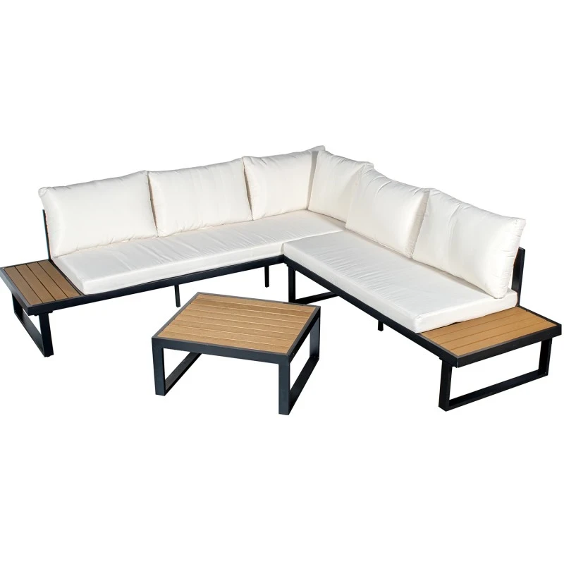 Camacho - Garden Lounge Set with Corner Sofa and Coffee Table - Black Aluminum | White