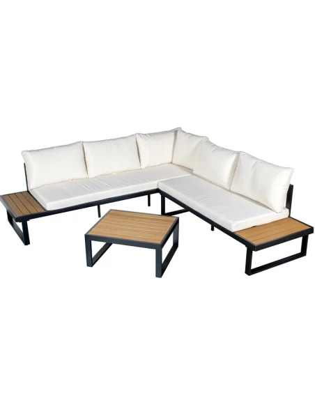 Camacho - Garden Lounge Set with Corner Sofa and Coffee Table - Black Aluminum | White