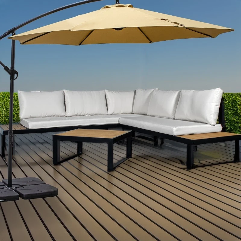 Camacho - Garden Lounge Set with Corner Sofa and Coffee Table - Black Aluminum | White