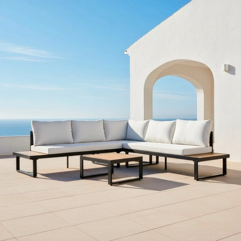 Camacho - Set Salotto da Giardino con Divano Angolare e Tavolino - Alluminio Nero | Bianco