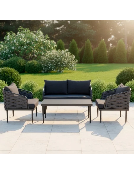Camacho - Garden Lounge Set with 2-Seater Sofa, 2 Armchairs and Coffee Table - Black