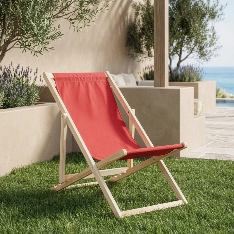 Camacho - Outdoor Folding Reclining Chair - Natural Wood / Red