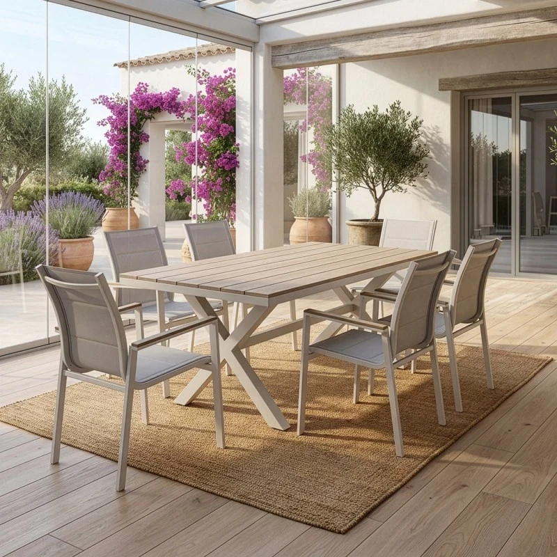 Camacho - Outdoor Dining Set - White Aluminum / Wood