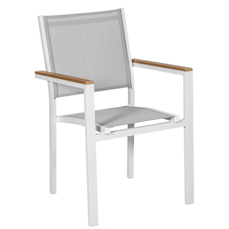 Camacho - Sedia per Esterni Vargas con Inserti in Legno  - Alluminio Bianco / Tessuto Grigio