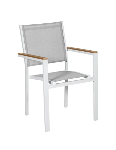 Camacho - Sedia per Esterni Vargas con Inserti in Legno  - Alluminio Bianco / Tessuto Grigio