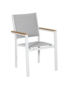 Camacho - Sedia Imbottita per Esterni Vargas  con Inserti in Legno - Alluminio Bianco / Tessuto Grigio