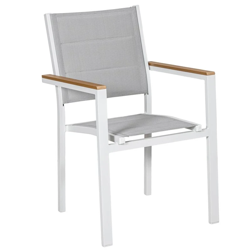 Camacho - Sedia Imbottita per Esterni Vargas  con Inserti in Legno - Alluminio Bianco / Tessuto Grigio