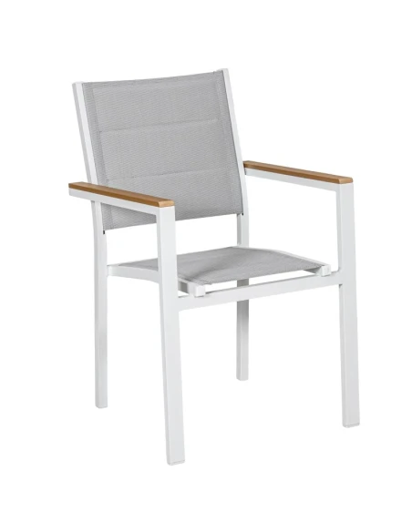 Camacho - Sedia Imbottita per Esterni Vargas  con Inserti in Legno - Alluminio Bianco / Tessuto Grigio