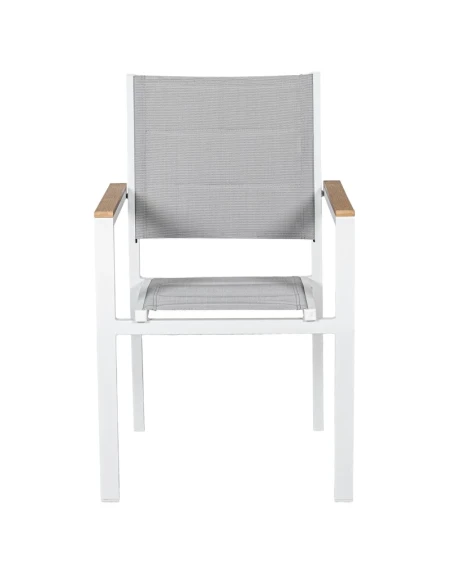 Camacho - Sedia Imbottita per Esterni Vargas  con Inserti in Legno - Alluminio Bianco / Tessuto Grigio