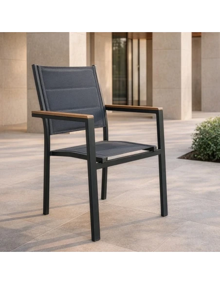 Camacho - Sedia Imbottita per Esterni Vargas con Inserti in Legno - Alluminio Antracite / Tessuto Antracite