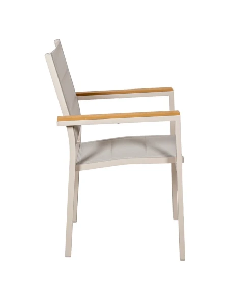 Camacho - Sedia Imbottita per Esterni Vargas con Inserti in Legno - Alluminio Crema / Tessuto Crema