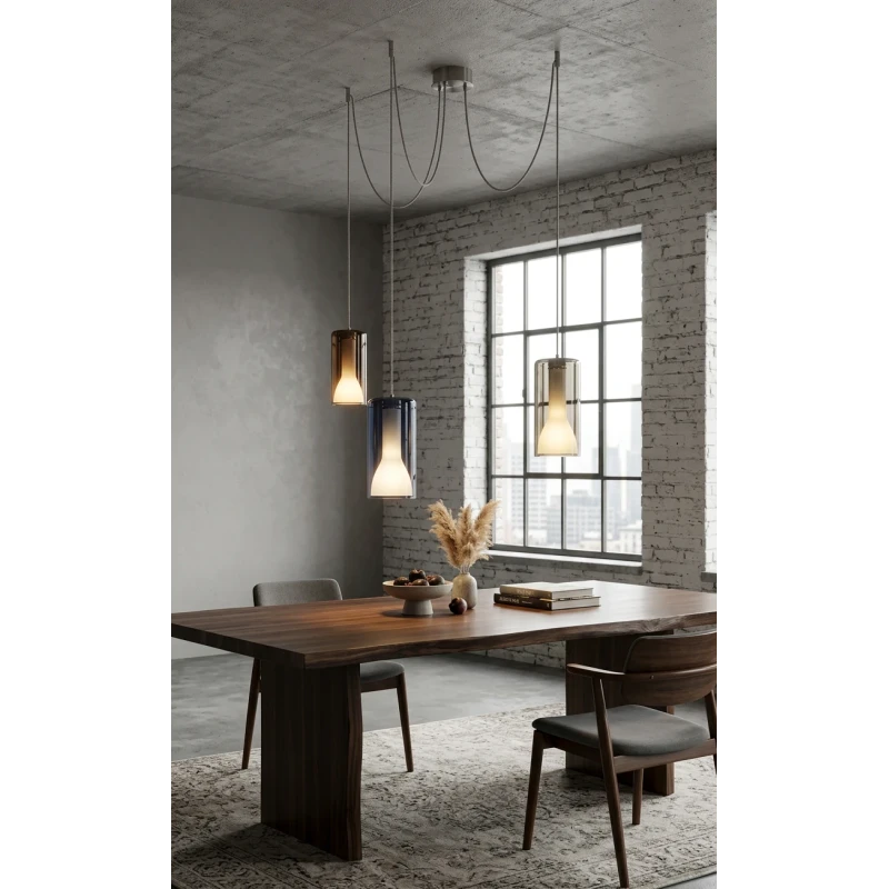 Penta - Lit 2C Decentralized Pendant Lamp - Blue, Gold, and Mirrored Orange