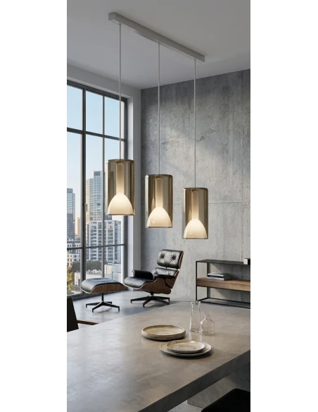 Penta - Lit Pendant Lamp with 2G Bar - Mirrored Gold / White