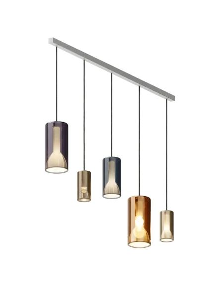 Penta - Lit Pendant Lamp with 2H Bar - Orange, Purple, Blue and Gold Mirror / White