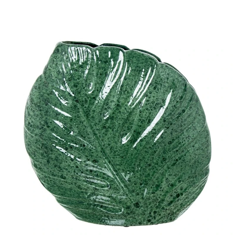 Camacho - Vaso in Ceramica Piatto Foglie H 30 cm - Verde Marmorizzato