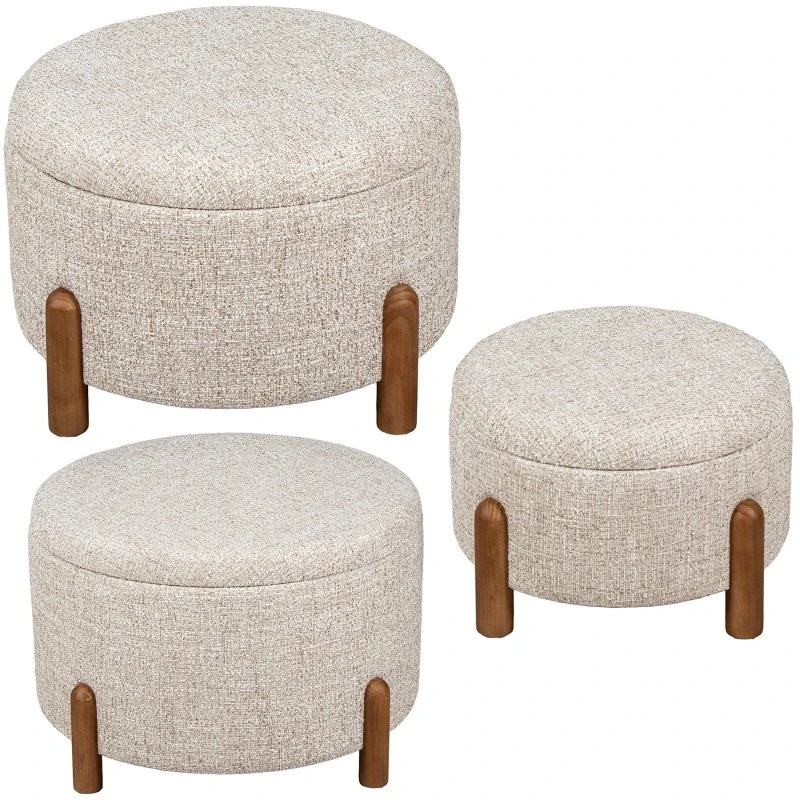 Camacho - Pouf Piccolo Lino Beige e Legno - H 28 cm