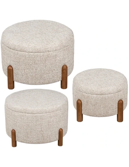 Camacho - Pouf Medio in Lino Beige e Legno - H 33 cm