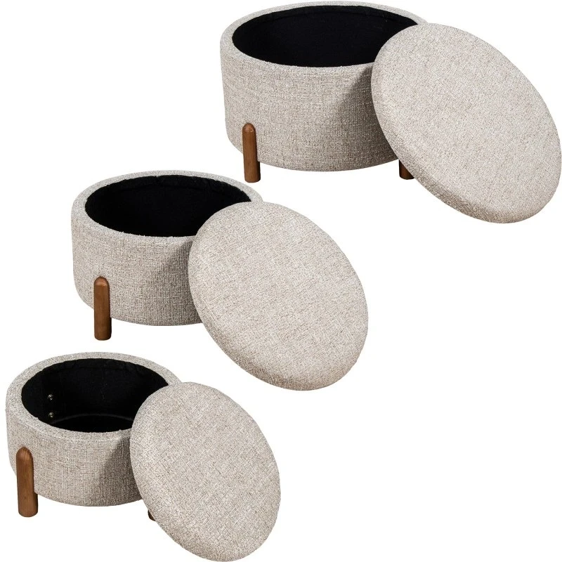 Camacho - Pouf Medio in Lino Beige e Legno - H 33 cm