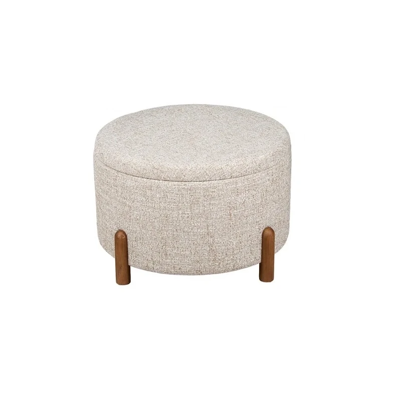 Camacho - Pouf Medio in Lino Beige e Legno - H 33 cm