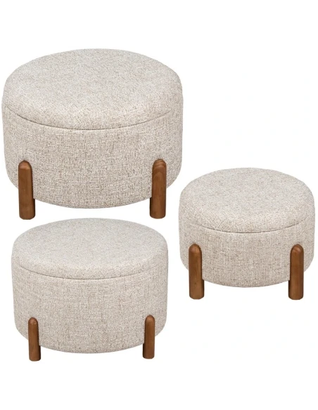 Camacho - Pouf Grande in Lino Beige e Legno H 38 cm