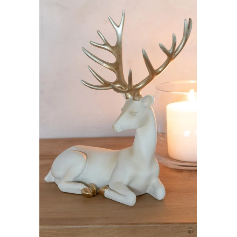 J-Line - Lying Deer Decoration - Light Beige / Gold