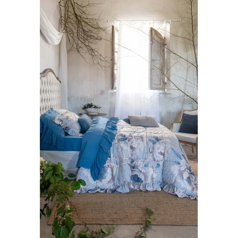 Blanc MariClò - Quilt with Gala Peonies Collection - Light Blue