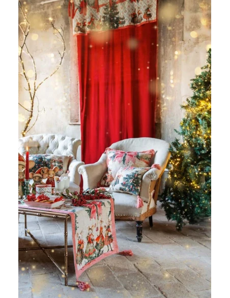 Blanc MariClò - Printed and Embroidered Table Runner with Tassels - Christmas Fairy Tale